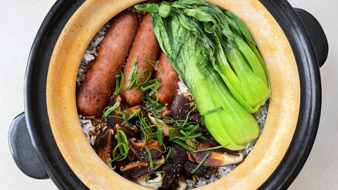 Claypot Rice with Shiitake and Vegetarian Sausage