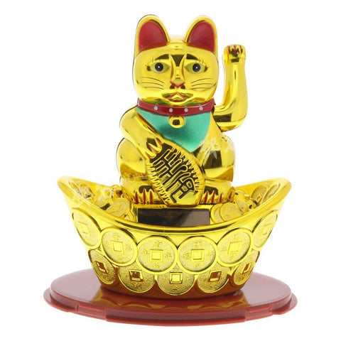 Shohuku Nameki Neko Lucky Cat Gold Solar Powered 10cm