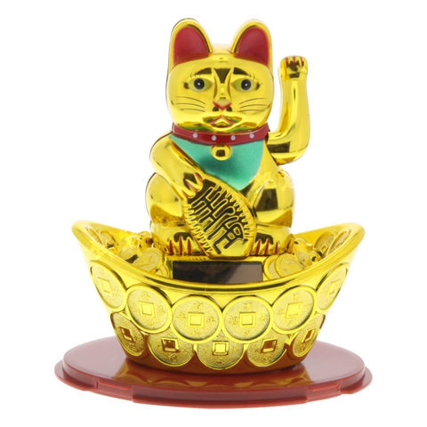 Shohuku Nameki Neko Lucky Cat Gold Solar Powered 10cm